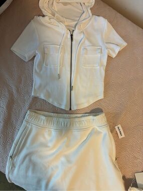 Old Navy White Short Sleeve Zip Hoodie and Skirt Set